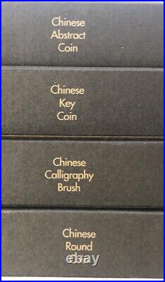 Chinese Round Coin Calligraphy Brush Key Coin Abstract Coin Shadow Box Set Of 4