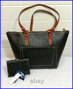 Dooney & Bourke Ostrich Black Leather Maxine Tote Purse & Coin Wallet Set Nwt