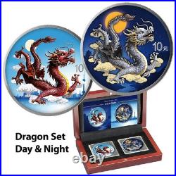 Dragon Night & Day 2025 10 Yuan 2 x 1 oz Silver Coloured Coin Set in Wood Case