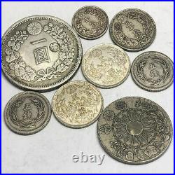 Japanese old 8 pieces set 1 silver coin chrysanthemum crest 5 10 20 50