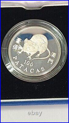 Macau 100 Patacas 1996 Silver Proof Coin Lunar Series RAT Official Coin Set