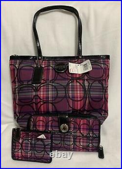 Nwt 3 Pc Coach Pink Signature Stripe Tartan Tote Purse Wallet Coin Case Set $538