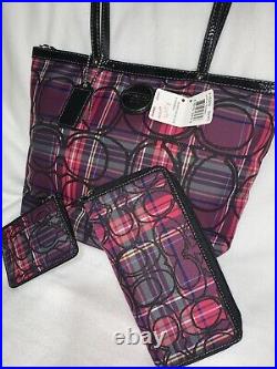 Nwt 3 Pc Coach Pink Signature Stripe Tartan Tote Purse Wallet Coin Case Set $538