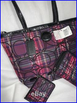 Nwt 3 Pc Coach Pink Signature Stripe Tartan Tote Purse Wallet Coin Case Set $538