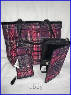 Nwt 3 Pc Coach Pink Signature Stripe Tartan Tote Purse Wallet Coin Case Set $538