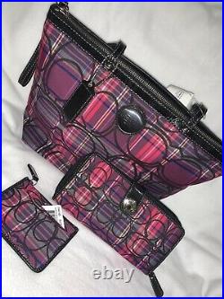 Nwt 3 Pc Coach Pink Signature Stripe Tartan Tote Purse Wallet Coin Case Set $538