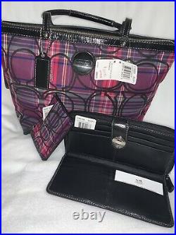 Nwt 3 Pc Coach Pink Signature Stripe Tartan Tote Purse Wallet Coin Case Set $538