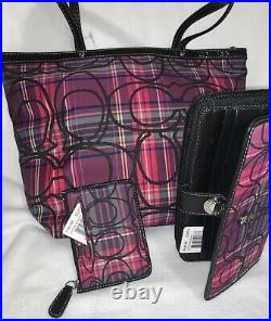 Nwt 3 Pc Coach Pink Signature Stripe Tartan Tote Purse Wallet Coin Case Set $538