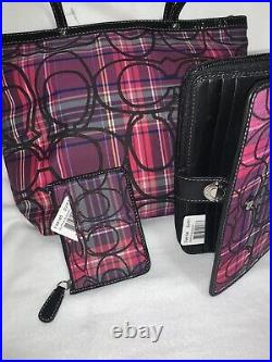 Nwt 3 Pc Coach Pink Signature Stripe Tartan Tote Purse Wallet Coin Case Set $538