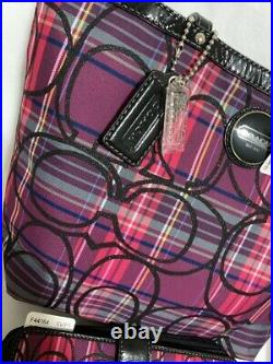 Nwt 3 Pc Coach Pink Signature Stripe Tartan Tote Purse Wallet Coin Case Set $538