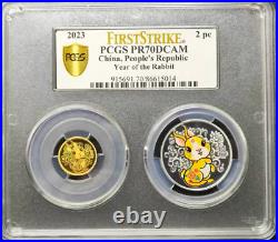PCGS PR70 2023 China Lunar Series Rabbit 3g Gold+15g Silver Coins Set #01