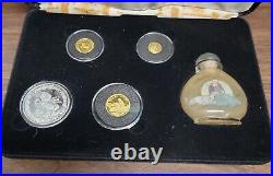 RARE 1996 China Gold & Silver Unicorn 4-Coin Proof Set with Hand Painted Bottle