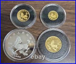 RARE 1996 China Gold & Silver Unicorn 4-Coin Proof Set with Hand Painted Bottle