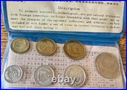 Rare! 1980 People's Bank of China Mint Set of 7 Great Wall Coins Blue Wallet