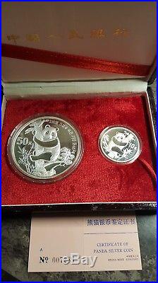 Rare 1987 50 & 10 Yuan Chinese Pandas 5oz &1oz. 999 Silver 2 Coin Box Set withCOA