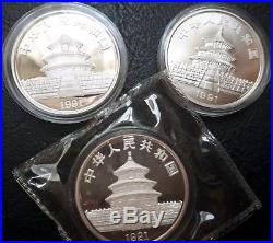Set Of Three 1991 Silver Panda Coins, Bu, Proof, And Piedfort (no coa)