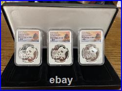 Set of 3 NGC Graded Silver Pandas Signed By Tong Fang. FIRST RELEASES. GEM UNC