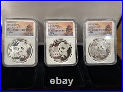 Set of 3 NGC Graded Silver Pandas Signed By Tong Fang. FIRST RELEASES. GEM UNC