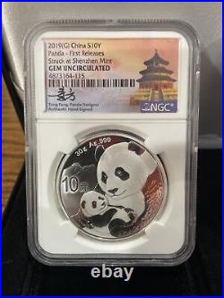 Set of 3 NGC Graded Silver Pandas Signed By Tong Fang. FIRST RELEASES. GEM UNC