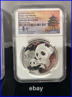 Set of 3 NGC Graded Silver Pandas Signed By Tong Fang. FIRST RELEASES. GEM UNC