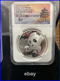 Set of 3 NGC Graded Silver Pandas Signed By Tong Fang. FIRST RELEASES. GEM UNC