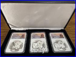 Set of 3 NGC Graded Silver Pandas Signed By Tong Fang. FIRST RELEASES. GEM UNC