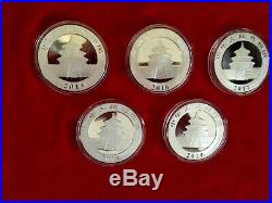 Set of 5 China Silver Panda Coins 2015-2019 Original Mint Capsules 1 Oz. /30 Gram