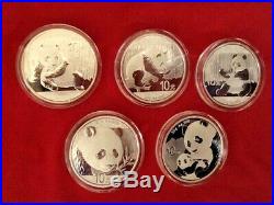 Set of 5 China Silver Panda Coins 2015-2019 Original Mint Capsules 1 Oz. /30 Gram