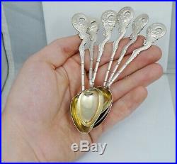 Set of 6 Chinese Export Dragon Bamboo 800 Coin Sterling Silver Spoons Antique
