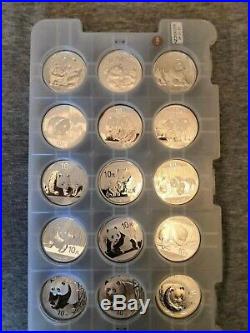 Silver Panda Set of 15 Coins Year 2001-2015 in Origin Capsules in the Pad