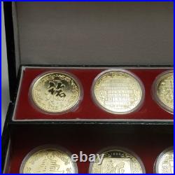 Vintage Asian Zodiac Coin Collection Gold Tone Medallions Complete Set with Box