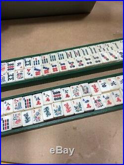 Vintage MahJong Set Bakelite 165 Tiles with 4 Wooden Racks Coins Case Mah Jongg