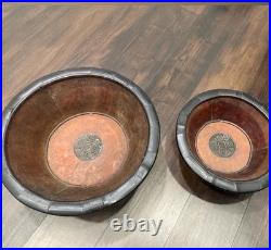 Vintage Pair of Chinese Wooden Bowls Brown/Black Coin Motif Antique Decorative